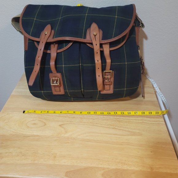Polo Ralph Lauren Leather-Trim Canvas Messenger Bag Tartan Plaid Office Work Bag - Picture 2 of 7